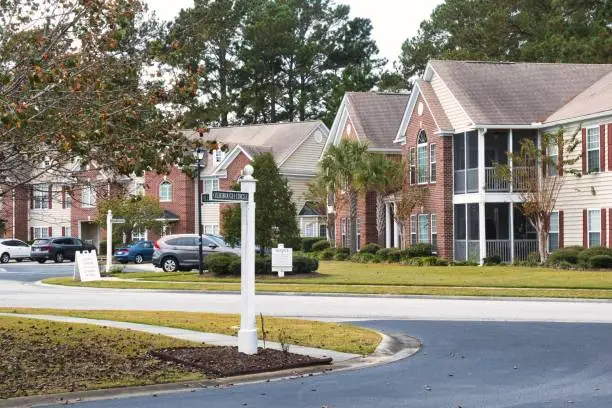 homes in a residential community with landscaped surroundings